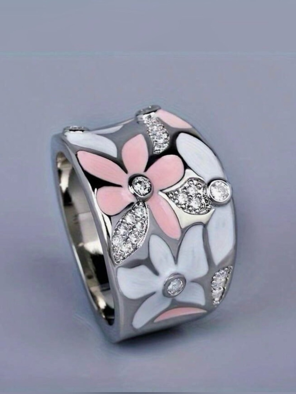 Pink & White Floral Enamel Crystal Accent Ring